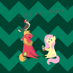 Size: 2160x2160 | Tagged: safe, anonymous artist, imported from derpibooru, big macintosh, fluttershy, bird, earth pony, hawk, pegasus, pony, series:fm holidays, series:hearth's warming advent calendar 2022, abstract background, advent calendar, bottle, christmas, context is for the weak, drink, female, fluttermac, hat, high res, holiday, hoof hold, lineless, looking up, male, mare, music notes, open mouth, open smile, pointy ponies, santa hat, shipping, singing, sitting, smiling, soda, stallion, straight