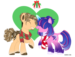 Size: 4264x3225 | Tagged: safe, artist:ghou1ss, imported from derpibooru, oc, oc only, oc:estella sparkle, oc:rocky road, alicorn, earth pony, pony, alicorn oc, beard, christmas, clothes, commission, duo, facial hair, female, grin, heart, holiday, holly, holly mistaken for mistletoe, horn, leonine tail, male, mare, markings, multicolored hair, oc x oc, offspring, open mouth, parent:cheese sandwich, parent:flash sentry, parent:pinkie pie, parent:twilight sparkle, parents:cheesepie, parents:flashlight, raised hoof, scarf, shipping, simple background, smiling, stallion, straight, striped scarf, tail, unshorn fetlocks, white background, wings, ych result