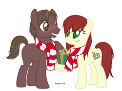 Size: 3740x2815 | Tagged: safe, artist:ghou1ss, imported from derpibooru, earth pony, pony, blushing, christmas, clothes, commission, duo, female, freckles, grin, heart, holiday, looking at each other, looking at someone, male, mare, marvel, mary jane watson, peter parker, ponified, present, raised hoof, scarf, simple background, smiling, spider-man, stallion, straight, striped scarf, unshorn fetlocks, white background, ych result