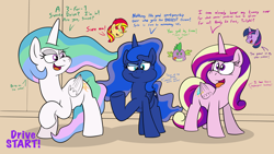 Size: 6198x3500 | Tagged: safe, artist:rupertbluefox, imported from derpibooru, princess cadance, princess celestia, princess luna, spike, sunset shimmer, twilight sparkle, alicorn, dragon, pony, unicorn, series:sunsmoons&heartbellyballoons, bedroom eyes, chibi, dialogue, fat, fat fetish, female, fetish, incentive drive, male, missing accessory, this will end in weight gain, tongue out