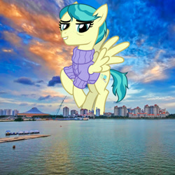 Size: 1430x1430 | Tagged: safe, artist:cheezedoodle96, artist:jaredking779, edit, imported from derpibooru, auntie lofty, pegasus, pony, clothes, female, giant pegasus, giant pony, giantess, highrise ponies, irl, macro, mare, mega giant, photo, ponies in real life, rearing, singapore, spread wings, sweater, wings