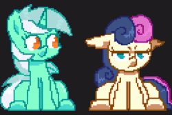 Size: 1280x860 | Tagged: safe, artist:another_pony, imported from twibooru, bon bon, lyra heartstrings, sweetie drops, earth pony, pony, unicorn, animated, blushing, female, heart, image, kissing, lesbian, lyrabon, mare, pixel art, shipping, surprised, webm