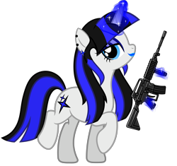 Size: 6883x6466 | Tagged: source needed, safe, alternate version, artist:severity-gray, imported from twibooru, oc, oc only, oc:coldlight bluestar, pony, unicorn, ar15, assault rifle, blue eyes, blue eyeshadow, blue lipstick, cutie mark, cutie mark accessory, cutie mark earrings, ear piercing, earring, eyeshadow, female, gun, image, jewelry, lipstick, looking at you, magic, magic aura, makeup, mare, piercing, png, raised hoof, raised leg, rifle, side view, simple background, smiling, smiling at you, solo, telekinesis, transparent background, two toned mane, two toned tail, weapon, white coat