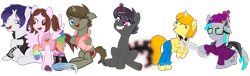Size: 2199x666 | Tagged: safe, artist:darktailsko, imported from derpibooru, oc, oc only, oc:batilla, oc:christian, oc:cutiechu, oc:darkknighthoof, oc:darkknightshade, oc:tippy toes, bat pony, earth pony, pegasus, pony, unicorn, derpibooru community collaboration, 2023 community collab, augmented, augmented tail, bat pony oc, bat wings, beanie, boots, clothes, coat, evil grin, fangs, feather, female, fingerless gloves, glasses, gloves, glow, glowing horn, grin, hat, hoodie, hoof tickling, horn, laughing, leggings, looking at each other, looking at someone, magic, male, mare, necktie, one eye closed, open mouth, ponified, ponified oc, rainbow socks, raised hoof, shirt, shoes, simple background, sitting, skirt, smiling, socks, spiked wristband, stallion, stockings, striped socks, suit, tail, thigh highs, tickle torture, tickling, transparent background, vest, wings, wristband