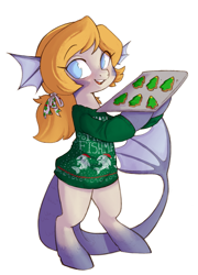 Size: 1637x2279 | Tagged: source needed, safe, imported from twibooru, oc, oc only, oc:marina, hybrid, merpony, semi-anthro, bipedal, christmas cookies, female, image, looking at you, png, simple background, white background