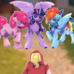 Size: 2800x2800 | Tagged: safe, artist:permafox, imported from derpibooru, pinkie pie, rainbow dash, sprout cloverleaf, twilight sparkle, alicorn, earth pony, pegasus, pony, angry, floppy ears, g5, spread wings, twilight sparkle (alicorn), wings