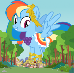 Size: 1280x1262 | Tagged: safe, imported from derpibooru, rainbow dash, pegasus, pony, alternate hairstyle, clothes, dress, female, gala dress, giant pegasus, giant pony, giant rainbow dash, giantess, macro, mare, mega giant, mega/giant rainbow dash, ponyville, solo, spread wings, wings