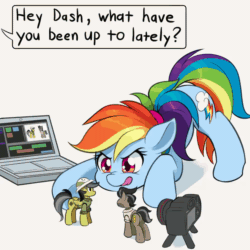 Size: 1000x1000 | Tagged: safe, artist:dstears, imported from derpibooru, daring do, doctor caballeron, rainbow dash, pegasus, pony, alternate hairstyle, animated, camera, computer, cute, dashabetes, laptop computer, offscreen character, ponytail, spread wings, starry eyes, tongue out, toy, wingding eyes, wings