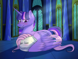 Size: 1024x768 | Tagged: safe, artist:snail-duck, imported from derpibooru, fluttershy, twilight sparkle, alicorn, pegasus, pony, blushing, eyes closed, female, hug, lesbian, shipping, smiling, twilight sparkle (alicorn), twilight's castle, twishy, winghug, wings