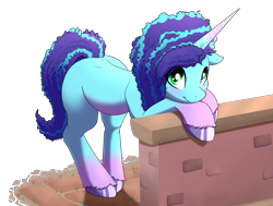 Size: 2210x1667 | Tagged: safe, artist:navanastra, imported from derpibooru, pony, unicorn, brick wall, coat markings, curly hair, cute, female, g5, hooves, horn, leaning, looking at you, mare, misty brightdawn, mistybetes, my little pony: a new generation, simple background, smiling, socks (coat markings), solo, tail, transparent background, two toned mane, two toned tail, unshorn fetlocks
