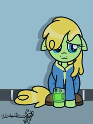 Size: 768x1024 | Tagged: safe, artist:windy breeze, imported from derpibooru, oc, oc only, oc:iffy quizzy, earth pony, pony, fallout equestria, blue eyes, clothes, female, floppy ears, green coat, jumpsuit, looking away, mare, pipbuck, sad, signature, sitting, solo, stable, tail, vault suit, wall, yellow mane, yellow tail