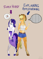 Size: 2940x4038 | Tagged: safe, artist:fluffyorbiter, imported from derpibooru, applejack, rarity, anthro, earth pony, unguligrade anthro, unicorn, abs, apple, applebucking thighs, applejack's hat, bedroom eyes, belly, belly button, belt, blushing, bra, bra strap, breasts, buckle, busty applejack, busty rarity, cleavage, clothes, cowboy hat, dress, duo, female, hat, hooves, horn, horny, imagine spot, lesbian, meme, muscles, pale belly, rarijack, shiny hoof, shipping, shirt, shorts, silly, silly pony, simple background, speech bubble, tail, that pony sure does love apples, thighs, thunder thighs, undershirt, underwear