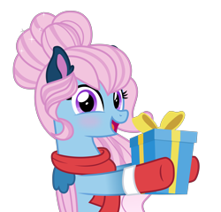 Size: 6000x5745 | Tagged: safe, artist:n0kkun, imported from derpibooru, oc, oc only, oc:angel lights, angel pony, original species, pegasus, pony, absurd resolution, angel, blushing, christmas, clothes, commission, cute, female, gloves, holiday, mare, markings, open mouth, present, scarf, simple background, solo, transparent background, ych result