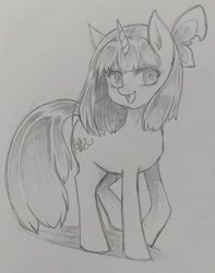 Size: 1080x1370 | Tagged: safe, artist:namaenonaipony, imported from derpibooru, oc, oc only, oc:aqua twinkie, pony, unicorn, female, horn, mare, monochrome, open mouth, solo, traditional art