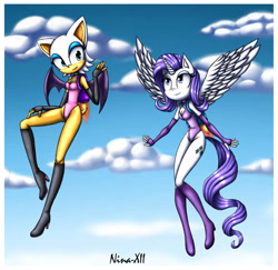 Size: 906x882 | Tagged: safe, artist:nina-xii, imported from derpibooru, rarity, alicorn, anthro, bat, alicornified, breasts, clothes, cloud, duo, duo female, female, flying, jetpack, leotard, mobian, race swap, raricorn, rouge the bat, sky, sky background, sonic the hedgehog (series), sonicified