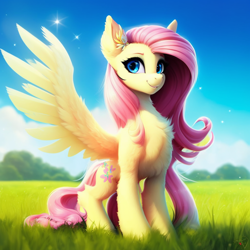 Size: 1024x1024 | Tagged: safe, imported from derpibooru, fluttershy, pegasus, pony, ai content, ai generated, chest fluff, cute, ear fluff, female, generator:purplesmart.ai, generator:stable diffusion, grass, grass field, shyabetes, solo, spread wings, the quality of ai art is frightening, wings