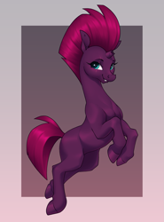 Size: 3085x4180 | Tagged: safe, artist:aquaticvibes, imported from derpibooru, fizzlepop berrytwist, tempest shadow, pony, unicorn, aside glance, blank flank, broken horn, eye scar, facial scar, female, gradient background, high res, horn, looking at you, mare, passepartout, scar, smiling, smiling at you, solo, three quarter view
