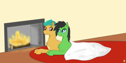 Size: 1641x828 | Tagged: safe, artist:nismorose, imported from derpibooru, hitch trailblazer, oc, oc:sentra, bat pony, earth pony, pony, derpibooru, bat pony oc, best ship, blanket, canon x oc, carpet, chest fluff, couple, cuddling, ear fluff, eye lashes, fanfic, fanfic art, fanfic in the description, fanficthe second dream, fangs, female, fire, fireplace, g5, indoors, link in description, male, mare, meta, my little pony: a new generation, my little pony: tell your tale, not filly anon, romance, smiling, stallion, tags