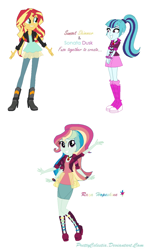 Size: 790x1344 | Tagged: safe, artist:prettycelestia, imported from derpibooru, sonata dusk, sunset shimmer, oc, oc:raza hopeshine, equestria girls, boots, clothes, four arms, fusion, fusion:sonata dusk, fusion:sunata, fusion:sunset shimmer, gem, high heel boots, jacket, jewelry, multiple arms, ponytail, purple eyes, ring, shoes, simple background, siren gem, white background