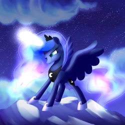 Size: 1200x1200 | Tagged: safe, artist:andromedasparkz, imported from derpibooru, princess luna, alicorn, pony, female, glowing, glowing horn, horn, solo