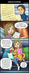 Size: 800x2020 | Tagged: safe, artist:uotapo, imported from derpibooru, sunset shimmer, human, pony, unicorn, based on a true story, brush, brushing mane, butt, child, clothes, comic, couch, cute, denim, female, glowing, glowing horn, hairbrush, heartwarming, horn, id card, jeans, letter, levitation, license, link in description, los angeles, lying down, magic, magic aura, mare, open mouth, open smile, pants, paper, pillow, plot, pony pet, ponytail, prone, shimmerbetes, sitting on lap, smiling, socks, sweater, telekinesis, unicorn license, uotapo is trying to murder us, wholesome
