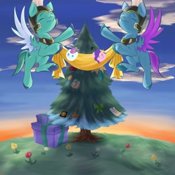Size: 4096x4096 | Tagged: safe, artist:felldeal, imported from derpibooru, hitch trailblazer, pipp petals, zipp storm, pegasus, pony, series:daily drawing december, banner, christmas, female, flying, g5, guardsmare, holiday, male, mare, pegasus royal guard, present, royal guard, royal sisters (g5), siblings, sisters, stallion, thunder flap, tree, zoom zephyrwing