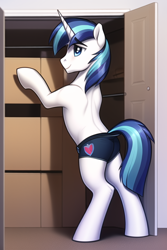 Size: 512x768 | Tagged: safe, imported from derpibooru, shining armor, pony, unicorn, ai content, ai generated, bipedal, blue underwear, boxes, briefs, butt, cardboard box, closet, clothes, generator:novelai, generator:stable diffusion, male, plot, shieldbutt, solo, stallion, underwear