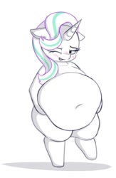 Size: 627x964 | Tagged: safe, artist:andesblorps, imported from derpibooru, starlight glimmer, pony, unicorn, ;p, belly, belly button, big belly, bipedal, blushing, doodle, fat, female, floppy ears, huge belly, mare, obese, one eye closed, partial color, simple background, solo, starlard glimmer, tongue out, white background, wink