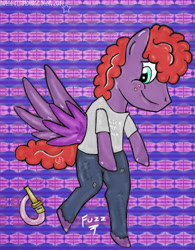 Size: 680x871 | Tagged: safe, artist:ray-pemmburge, imported from derpibooru, oc, oc only, oc:fuzz, pegasus, semi-anthro, arm hooves, clothes, firefighter, freckles, looking down, pants, shirt, smiling, spread wings, wings