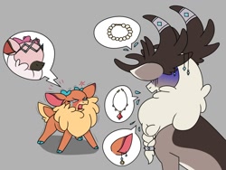 Size: 1242x933 | Tagged: safe, artist:0xyr0, imported from derpibooru, vixen (tfh), deer, reindeer, them's fightin' herds, brat, community related, crying, father and child, father and daughter, fawn, female, gray background, jewelry, male, necklace, nervous, no dialogue, open mouth, pictogram, shaking, simple background, snot, speech bubble, spoiled, spoiled brat, stronghoof hoofstrong (tfh), tiara, velvet (tfh), whining, younger