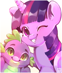 Size: 1063x1250 | Tagged: safe, artist:myoniis, imported from derpibooru, spike, twilight sparkle, dragon, pony, unicorn, baby, baby spike, cute, duo, female, filly, filly twilight sparkle, male, no more ponies at source, one eye closed, simple background, smiling, spikabetes, twiabetes, unicorn twilight, younger