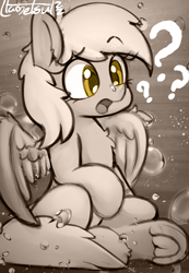 Size: 1028x1488 | Tagged: safe, artist:llametsul, imported from derpibooru, derpy hooves, pegasus, pony, bubble, concerned, confused, female, frog (hoof), mare, monochrome, open mouth, question mark, signature, solo, underhoof