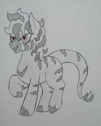 Size: 3072x3815 | Tagged: safe, artist:public mistake, imported from derpibooru, oc, oc only, oc:candela, hybrid, female, grayscale, grin, mare, monochrome, partial color, sharp teeth, smiling, solo, stripes, teeth, traditional art