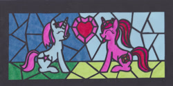 Size: 1600x803 | Tagged: safe, artist:malte279, imported from derpibooru, oc, oc:sandy rose, oc:stardust, unicorn, craft, heart, lantern, stained glass, transparent paper