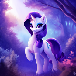 Size: 1024x1024 | Tagged: safe, imported from derpibooru, rarity, pony, unicorn, ai content, ai generated, beautiful, chest fluff, cute, ear fluff, eyeliner, female, forest, forest background, generator:purplesmart.ai, generator:stable diffusion, horn, looking at you, majestic, makeup, smiling, solo, the quality of ai art is frightening