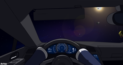 Size: 2732x1456 | Tagged: safe, artist:av1ra, imported from derpibooru, derpy hooves, oc, pegasus, pony, astronaut, car, car interior, driving, first person view, offscreen character, pov, space, steering wheel