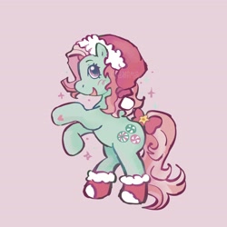 Size: 2700x2700 | Tagged: safe, artist:kindofmax, imported from derpibooru, minty, earth pony, pony, a very minty christmas, abstract background, bow, christmas, female, g3, hat, holiday, open mouth, open smile, rearing, santa hat, simple background, smiling, solo, sparkles, tail, tail bow