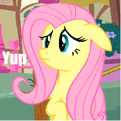 Size: 240x240 | Tagged: safe, edit, edited screencap, imported from derpibooru, screencap, fluttershy, pegasus, pony, magical mystery cure, animated, bipedal, cropped, engrish, female, floppy ears, mare, swapped cutie marks, text