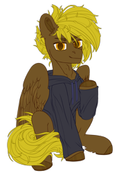 Size: 1784x2600 | Tagged: safe, artist:medkit, imported from derpibooru, oc, oc only, oc:bricomaniaco, pegasus, pony, adam's apple, big eyes, clothes, ear fluff, eyes open, fluffy, hoodie, horseshoes, looking at you, male, paint tool sai 2, partially open wings, raised hoof, short mane, simple background, sitting, sketch, smiling, solo, stallion, sternocleidomastoid, transparent background, wings