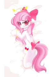 Size: 2500x3500 | Tagged: safe, artist:my little pony, derpibooru exclusive, imported from derpibooru, oc, oc only, oc:bubble cloud, pegasus, angel, bed, bow, female, hair bow, looking at you, mare, pegasus oc, tail, tail bow, underhoof