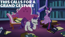 Size: 1920x1080 | Tagged: safe, edit, edited screencap, editor:quoterific, imported from derpibooru, screencap, rarity, twilight sparkle, alicorn, dragon dropped, book, bookshelf, couch, library, messy hair, messy mane, messy tail, sitting, tail, twilight sparkle (alicorn), twilight's castle, twilight's castle library