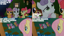 Size: 4400x2475 | Tagged: safe, edit, edited screencap, editor:quoterific, imported from derpibooru, screencap, apple bloom, fluttershy, scootaloo, sweetie belle, earth pony, pegasus, pony, unicorn, stare master, cutie mark crusaders, fluttershy's cottage