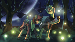 Size: 1920x1080 | Tagged: safe, artist:triplesevens, imported from derpibooru, oc, oc:triple sevens, oc:ysfena, firefly (insect), goat, insect, pony, biting, duo, floating island, night, planet