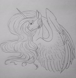 Size: 2448x2517 | Tagged: safe, artist:crazyaniknowit, imported from derpibooru, princess celestia, pony, high res, monochrome, solo, traditional art