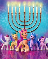 Size: 720x888 | Tagged: safe, imported from derpibooru, hitch trailblazer, izzy moonbow, pipp petals, sunny starscout, zipp storm, earth pony, pegasus, pony, unicorn, adorapipp, cute, female, g5, hanukkah, judaism, male, mane five (g5), mare, menorah, my little pony: a new generation, official, royal sisters (g5), siblings, sisters, stallion