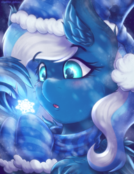Size: 3000x3900 | Tagged: safe, artist:shad0w-galaxy, imported from derpibooru, oc, oc only, oc:vivid tone, pegasus, pony, blushing, bust, chest fluff, christmas, clothes, commission, cute, ear fluff, feather, feathered wings, female, gloves, hat, high res, holiday, mare, open mouth, portrait, santa hat, snow, snowfall, snowflake, solo, wings