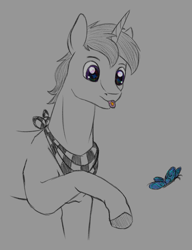 Size: 1150x1500 | Tagged: safe, artist:stray prey, imported from derpibooru, oc, oc only, oc:lucent, butterfly, pony, unicorn, drug use, drugs, lsd, neckerchief, solo, sternocleidomastoid