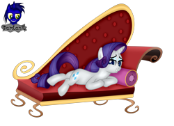 Size: 4154x3000 | Tagged: safe, artist:damlanil, imported from derpibooru, rarity, pony, unicorn, bedroom eyes, couch, cute, eyeshadow, fainting couch, female, grin, horn, looking at you, lying down, makeup, mare, pillow, raribetes, show accurate, simple background, smiling, solo, transparent background, underhoof, vector