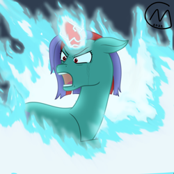 Size: 3200x3200 | Tagged: safe, artist:maître cervidé, imported from derpibooru, oc, oc:hisark kirff, unicorn, angry, blue fire, crying, fire, magic, screaming, thunder