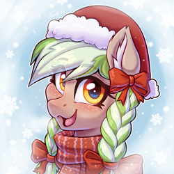 Size: 2362x2362 | Tagged: safe, artist:dandy, imported from derpibooru, oc, oc only, oc:sylvia evergreen, pegasus, pony, blushing, bow, braid, braided pigtails, bust, christmas, clothes, ear fluff, eye clipping through hair, female, freckles, happy, hat, high res, holiday, looking at you, mare, open mouth, pigtails, portrait, santa hat, scarf, snow, snowfall, solo
